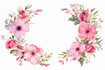 Watercolor floral wreath, greenery, pink flowers, versatile for greeting cards, invitations, holidays, summer. Illustration. Generative AI