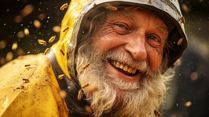 A close-up portrait of a happy smiling senior male beekeeper in a protective uniform surrounded by bees in an apiary. Honey harvesting, beekeeping, farming concepts.
