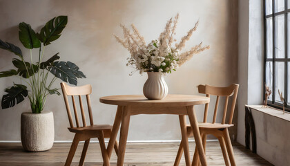 home interior dining room with wood chair and wood table,vase with flowers,plant. Generative AI.