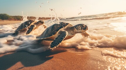 Release sea turtles after rehabilitation Concept of protecting nature and preserving animal species. - obrazy, fototapety, plakaty