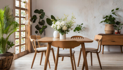 home interior dining room with wood chair and wood table,vase with flowers,plant. Generative AI. - obrazy, fototapety, plakaty