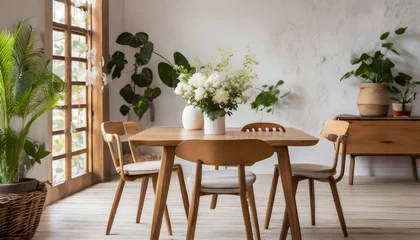 Wandaufkleber home interior dining room with wood chair and wood table,vase with flowers,plant. Generative AI. © hanifa