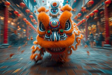 Chinese New Year Lion Dance with bokeh background, close up