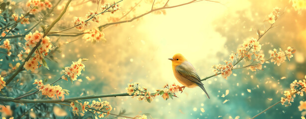 Dreamy spring banner with little bird sitting on branch of blossom  tree