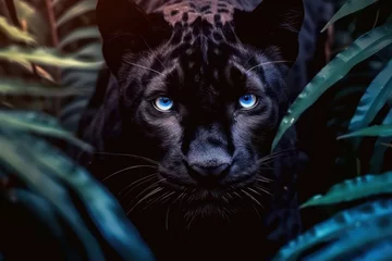 Foto op Plexiglas A black panther with a white body and blue eyes in a tropical forest. © bird_saranyoo