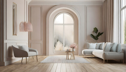 Cozy home interior in light pastel colors with hardwood flooring and arch wall, 3d rendering. Generative AI.