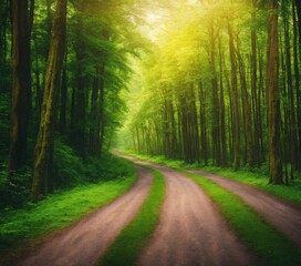 Fototapeta premium Single Rural Dirt Road Alley Path in Green Summer Forest. Generative Ai. Ai