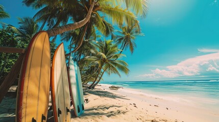 Surfboards and palm trees on the beach for surfing Relaxation and summer vacation ideas
