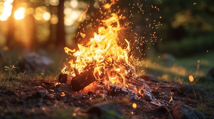 The cheerful flames of a campfire burning during a picnic. Hot sparks flew from the fire.