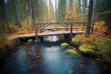 wooden footbridge crossing a babbling brook in a serene forest