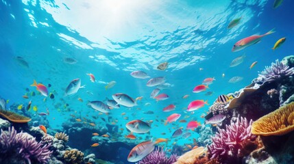 Fototapeta na wymiar Underwater view from under colorful fish. Various species in the ocean