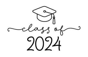 Class of 2024. Graduation logo with cap and diploma for high school, college graduate. Template for graduation design, party. Hand drawn logo for yearbook class of 2024. Vector grad illustration.