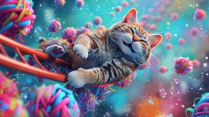 A cat on a roller coaster ride with its paws in the air and eyes closed in pure bliss surrounded by a whimsical world of colorful catnip trees and spinning yarn balls. - obrazy, fototapety, plakaty