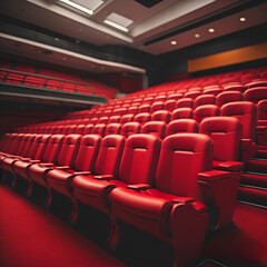 Auditorium. Empty cinema. Mock up, Soft and luxurious audience seats in an auditorium or movie theater. These chairs are arranged in rows. The decoration in the hall is beautiful and luxurious