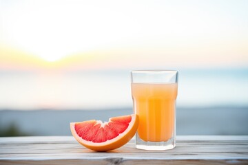 Fototapeta premium glass of grapefruit juice with a beach backdrop at sunrise