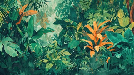 Watercolor pattern wallpaper Drawing landscapes of the Amazon forest and various wildlife. - obrazy, fototapety, plakaty