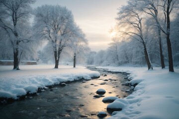landscape with snow covered trees, Stream