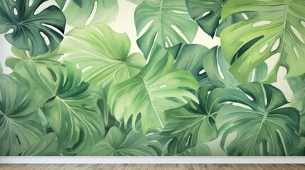 Watercolor wallpaper, green tropical forest of monstera leaves. Exotic plant background for signs, prints, decorations, wall art.