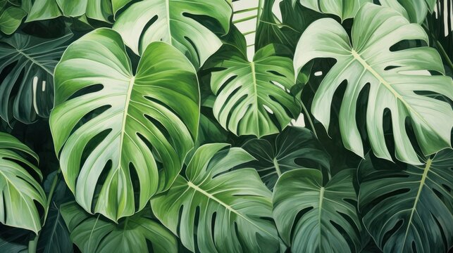 Watercolor wallpaper, green tropical forest of monstera leaves. Exotic plant background for signs, prints, decorations, wall art.