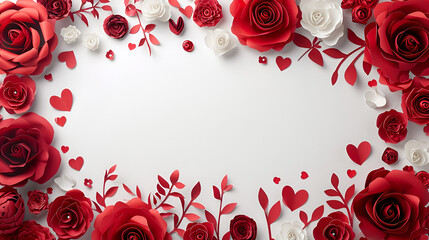 red roses and card, abstract red paper rose and hearts frame border of a white blank copyspace for a romantic web design., Perfect composition, beautiful detailed, generative ai