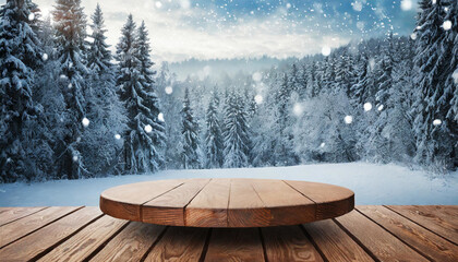 Winter Serenity: Empty Table against a Blurred Forest Backdrop