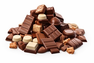 Delectable Mix of Assorted Milk Chocolate Pieces, on isolated white background, Generative AI