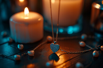 An elegant necklace with a heart-shaped pendant sparkling under soft candlelight.