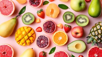 Assortment of fresh fruits displayed on a light pink background, Ai Generated