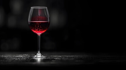 Naklejka premium Elegant glass of red wine on a dark, moody background with soft lighting and reflective surface.