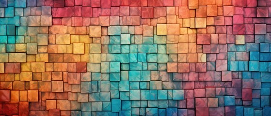 Abstract, colorful grunge mosaic of square ceramic tiles, mirrored for textured wall backgrounds, Ai Generated