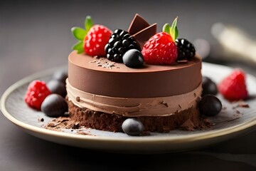 Exquisite_chocolate_mousse_cake_adorned_withbarries_and_chaerries,chocolate_cake_with_strawberries