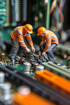 Two miniature workers carrying out repairs in a computer case.