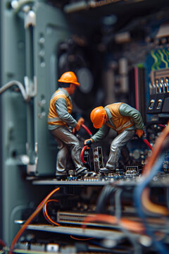 Two miniature workers carrying out repairs in a computer case.