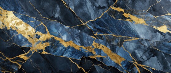 An abstract mosaic of black, blue, and gold granite marbled stone, Ai Generated.