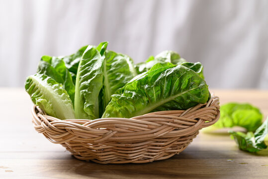 Organic cos romaine lettuce in basket on wooden table, Food ingredient for healthy salad