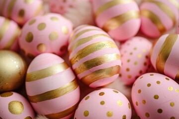 Fototapeta na wymiar Pink and gold Easter eggs, striped and polka-dotted, create a festive pile, Ai Generated