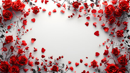 red roses and card, abstract red paper rose and hearts frame border of a white blank copyspace for a romantic web design., Perfect composition, beautiful detailed, generative ai