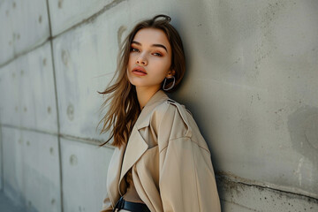 fashionable confident young woman wearing trendy outfit minimalistic