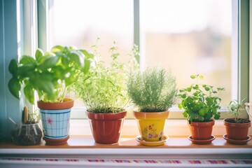variety of potted herbs on sunny windowsill