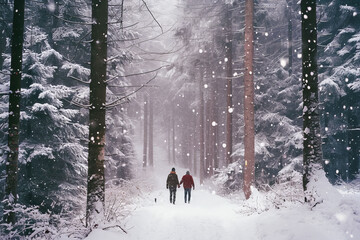 A romantic scene of a couple strolling through a snow-covered forest, surrounded by falling snowflakes, creating an intimate atmosphere.