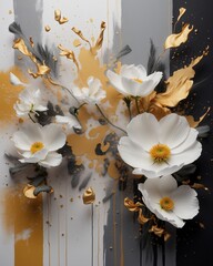 Minimalistic White Blooms with Golden Splashes - Stylish Floral Decor; For Elegant Banner Designs, Wedding Stationery, and Contemporary Art Prints