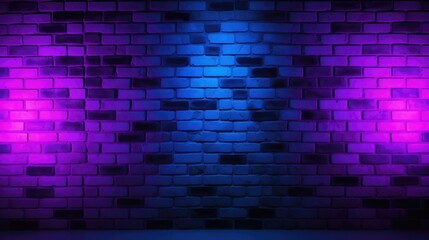 Black brick wall background with neon lighting effect from pink and purple to blue, Ai Generated.