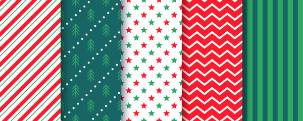 Seamless pattern. Christmas, New year print. Vintage backgrounds with candy cane stripe, tree, star and zigzag. Set red green textures. Collection wrapping paper. Scrapbook design. Vector illustration