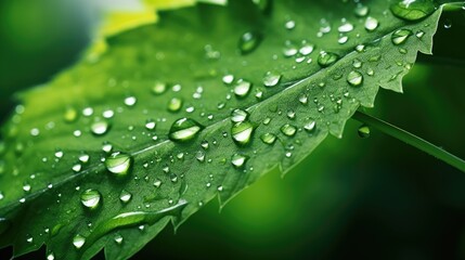 Glistening macro dew or raindrops adorn a vibrant green leaf, Ai Generated.