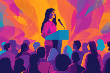 A woman standing at a podium, delivering an inspiring speech on gender equality and empowerment, with a diverse audience in the background.