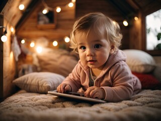 Close-up high-resolution image of a cute baby playing phone tablet in cozy bedroom. Generative AI.