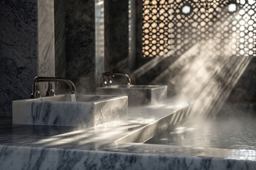 The steamy ambiance of a Turkish hammam, emphasizing the marble basins, faucets, and the interplay of light and shadow.
