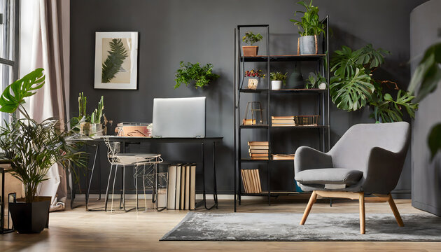 Dark open space living room interior with metal rack, grey armchair and plants in the background. Generative AI.