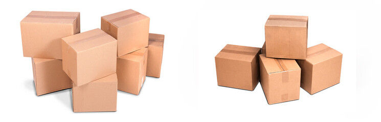 cardboard pile or stack carton or piles box isolated on white background. Online marketing packaging boxes and delivery.