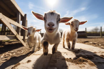 Obraz premium Two funny baby goats playing on the farm.